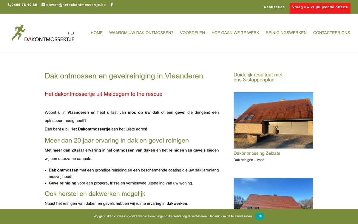 Het Dakontmossertje — Dakreiniging · Anti-mos, website op maat gebouwd door Covents Solutions (2025)
